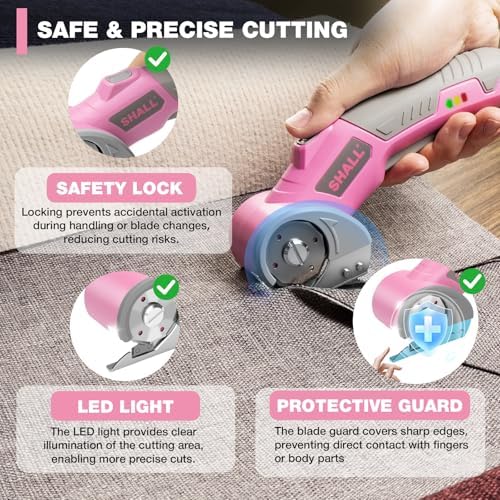 SHALL 4V Cordless Electric Scissors, Rechargeable Cardboard Cutter, Rotary Electric Box Cutter w/Safety Lock, LED Light & Replacement Blade for Fabric, Leather, Carpet, Cardboard & Plastic, Pink/Grey