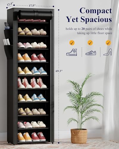 Kitsure 10-Tier Shoe Rack with Cover, Vertical Shelf, 17.5" Wide, Black