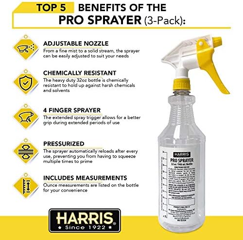 HARRIS Professional Spray Bottle 32oz (3-Pack), All-Purpose for Cleaning and Plants with Clear Finish, Pressurized Sprayer, Adjustable Nozzle and Measurements