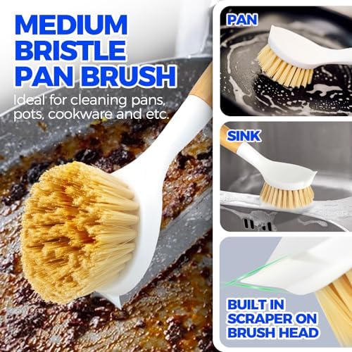 Holikme 3 Pack Dish Brush with Bamboo Handle Cleaning Brush,White Black