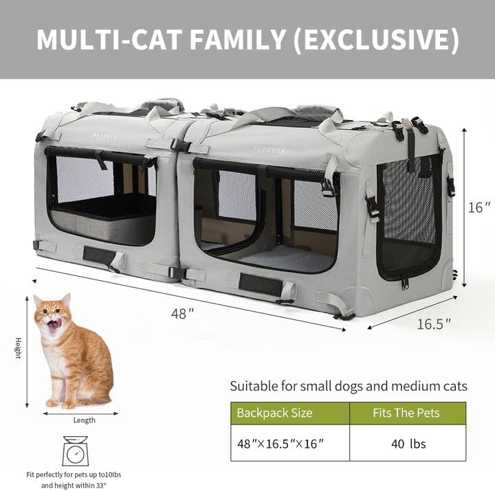 Extra Large Cat Carrier Soft Sided, Portable Small Dog Carrier for 2 Cats, 24"x16.5"x16" Car Travel Folding Comfortable Design with Litter Box and Bowls, Grey-2+ Litter Box+ Bowl*2