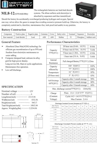 ML8-12 - 12 Volt 8 AH, F1 Terminal, Rechargeable SLA AGM Battery