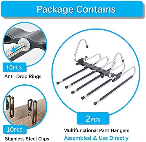 Magic Pants Hangers Space Saving - 2 Pack for Closet Multiple Layers Multifunctional Uses Rack Organizer for Trousers Scarves Slack (2 Pack with 10 Metal Clips)