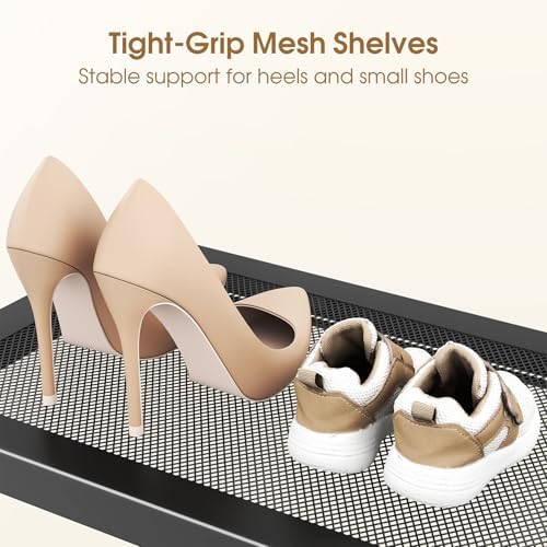 SAYZH Expandable Shoe Rack for Closet, Adjustable Metal Shoe Organizer with Sturdy Mesh Shelves for Boots & Heels, Stackable Shoe Storage for Entryway, Garage, Small Spaces (Black, 2-Tier)