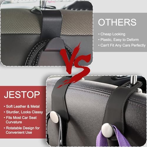 2 Pack Car Headrest Hooks Leather & Alloy Car Seat Storage Hangers, Black