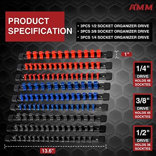 AMM 9PCS Socket organizer, 1/4" 3/8" 1/2" Drive Heavy duty socket holder