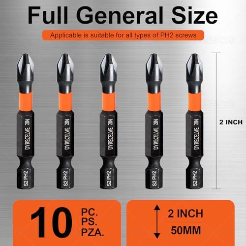 DYRECELVE 10-Piece Phillips Bits #2 Impact, 2-Inch Screwdriver Bits Set