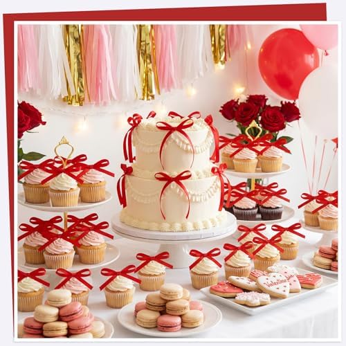 30 Pack Red Ribbon Bows for Cake Bow Cake Toppers