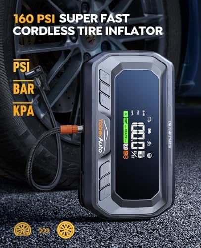 YaberAuto 12-in-1 Jump Starter with Air Compressor 8000A 160PSI 65W Charge