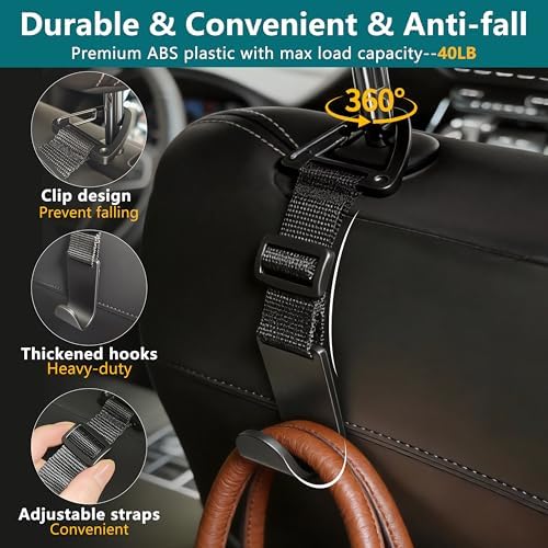 Amooca 4 Pack Anti-drop Headrest Hooks Adjustable Car Seat Organizer
