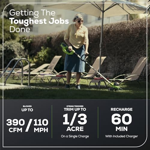 Greenworks 40V 12 in String Trimmer & 390 CFM Blower Combo, 2.0 Ah Battery