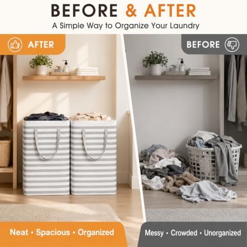 2 Pack Large Laundry Baskets, Laundry Hampers, Freestanding Waterproof Collapsible Clothes Basket with Easy Carry Handles in Laundry Room Bathroom Bedroom Dorm,Grey,75L