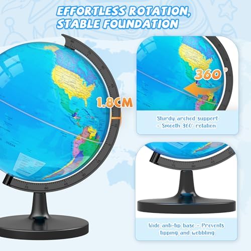 13" Globe for Kids & Adults with Stable Heavy Metal Base