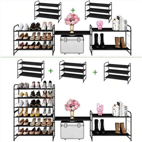 Ekisemio 3-Tier Stackable Shoe Rack – Expandable & Adjustable Fabric Shoe Organizer, Space-Saving for Closet, Black