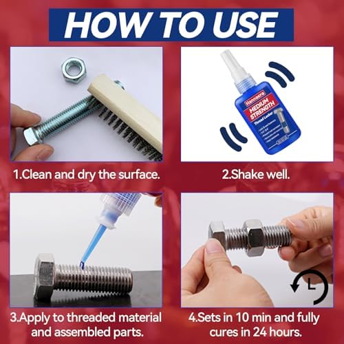 Thread Lock Blue and Red, Threadlocker Removable & Permanent, Thread Locker for Nuts, Bolts, Fasteners and Metals, Against Losening and Leakage (Medium 50 ml *1 + High 50 ml *1)