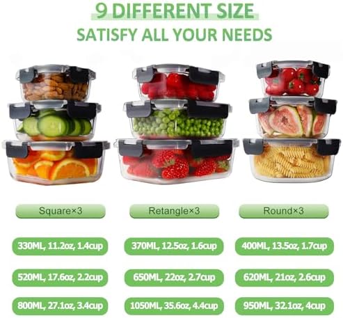 18 Piece Glass Food Storage Containers with Snap Locking Lids for Meal Prep
