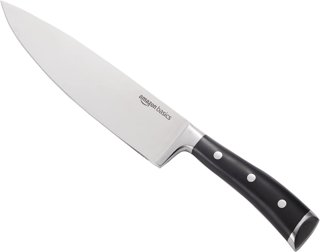 Amazon Basics Classic 8-inch Full Tang High Carbon Stainless Steel Chef's Knife, Multipurpose Kitchen Knife with Three Rivets, Silver