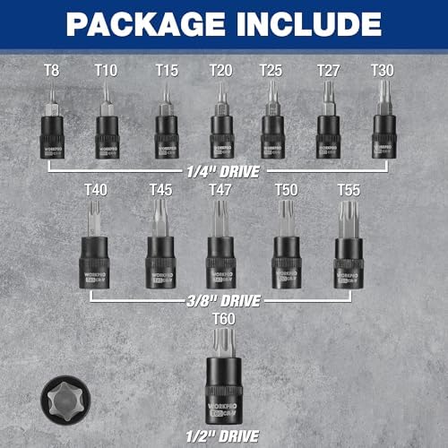 WORKPRO Torx Bit Socket Set, Premium S2 Bits & CR-V Sockets,13-Piece T8-T60