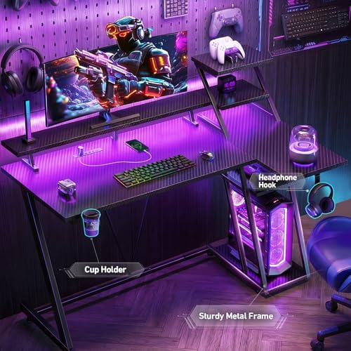 Korfile 40 Inch Gaming Desk with LED & Power Outlet, Carbon Fiber Black