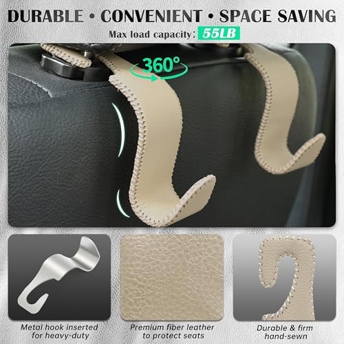 Car Seat Headrest Hook 55lb Heavy Duty Metal Hanger with Leather for Bags