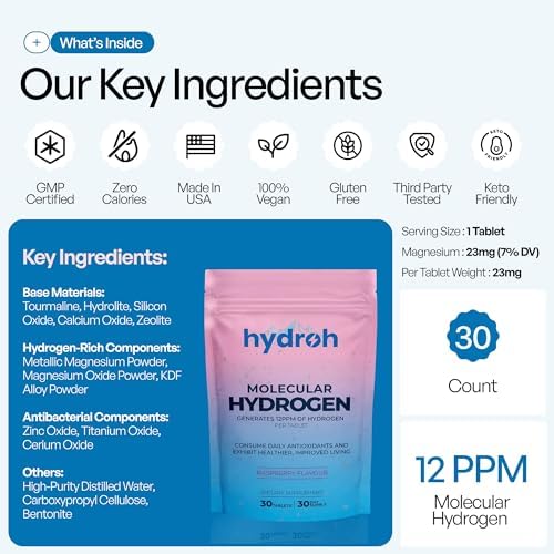 Hydrogen Water Tablets, Molecular Hydrogen Tablets for Drinking Water, Antioxidant-Rich, Supports Brain Energy & Health - Quick-Dissolving - Raspberry H2 Tabs - (30-Day Supply) (Raspberry)