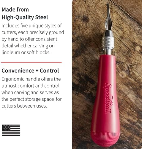 Speedball 4131 Linoleum Cutter – 5 Assorted Lino Cutters Includes Plastic Storage Handle, Made in The USA