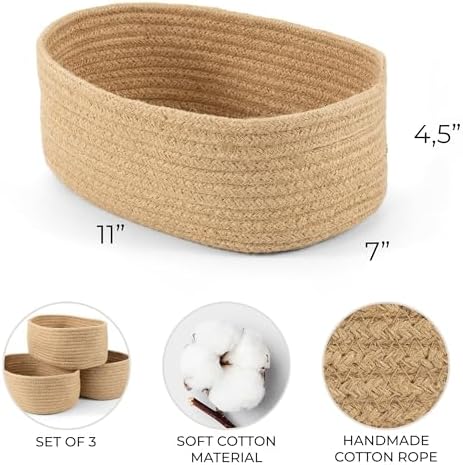 Beautiful Storage Basket Set of 3 - Sturdy Jute Rope Baskets for Shelves