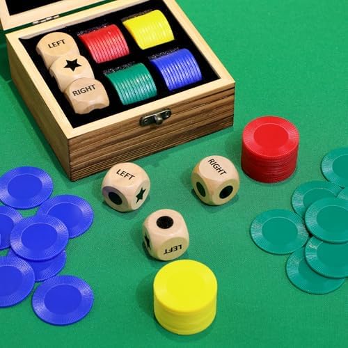 Pagather Left Right Roll Dice Game Set, Wooden Box with 3 Dice & 48 Chips