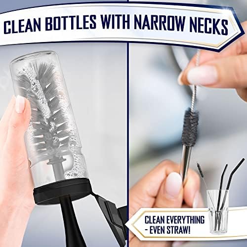 Dish Brush Set of 4 - Kitchen Scrub Brushes with Non-Slip Long Handle for Cleaning, Scrubber, Dishwashing, Dishes, Bottles, Straws, Cups, Pots & Sink, Black