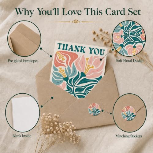 AUDREE Thank You Cards with Envelopes, Modern Abstract Flowers 50 Pack