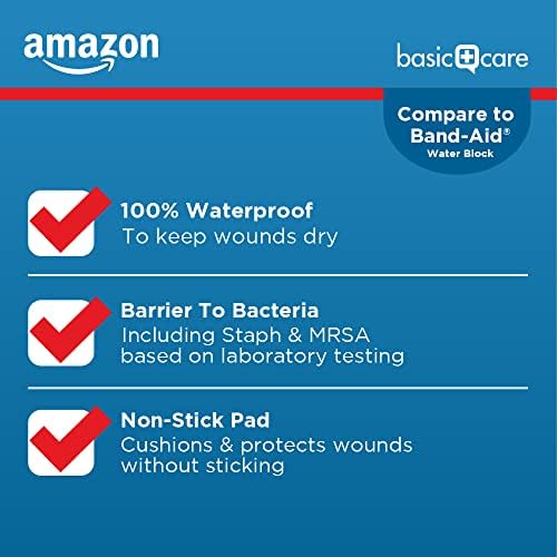 Amazon Basic Care Waterproof Clear Adhesive Bandages for Minor Cuts and Scrapes, Non-Stick Pad, First Aid and Wound Care Supplies, Assorted Sizes, 100 Count