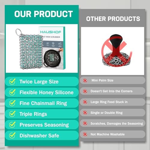 HAUSHOF Cast Iron Scrubber, Chainmail Scrubber Cast Iron Cleaner