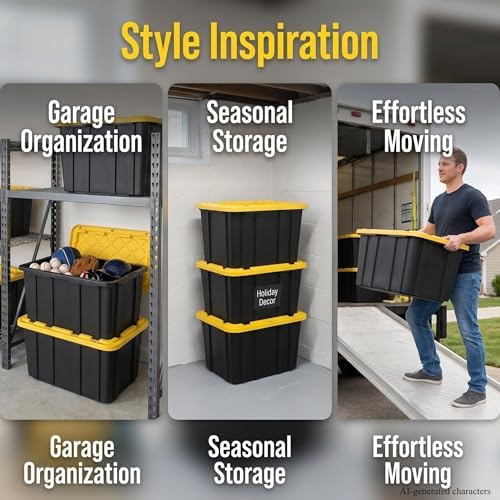 6 Pack 27 Gallon Heavy Duty Storage Bins with Snap Lids, Durable Plastic Storage Totes with Stackable Black Containers & Yellow Latching Covers for Home Garage Moving Organization