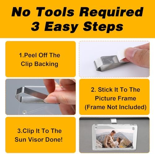 4 Pack Car Sun Visor Photo Clips, Stainless Steel Sun Visor Clips for Car with Adhesive Clip Mounting Kit for Custom Displays (Photo Frames Not Included), Strong Hold Accessory for Cars, Home & Office