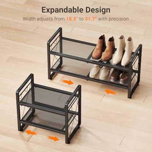 ELYKEN Expandable Shoe Rack for Closet, 2-Tier Metal Black Shoe Organizer