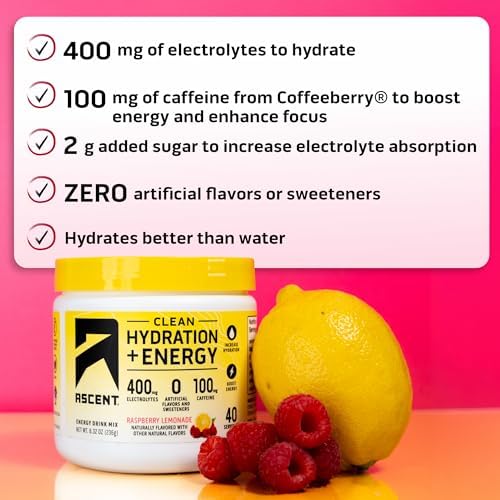 Ascent Hydration + Energy Electrolytes, Raspberry Lemonade, 40 Servings