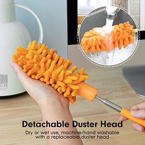 Duster for Cleaning, 10-29" Extension Pole, 2 Washable Heads, Yellow