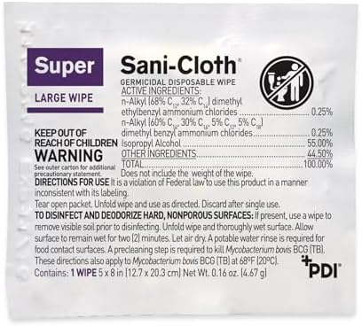 PDI Super Sani-Cloth Germicidal Disposable Wipe, Large, Individual, 5" x 8"