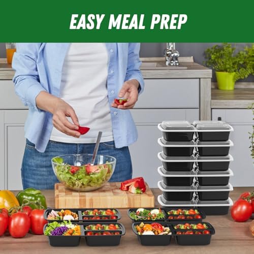 Dealusy 50 Pack 32 oz Meal Prep Containers with Lids 3-Compartment, Black