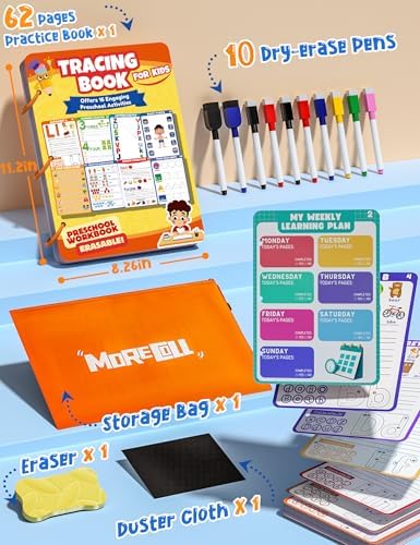 Preschool Learning Activities Educational Workbook, 62 Reusable Pages Pre Kindergarten Workbooks, Number Letter Tracing Books for Kids, Autism Learning Materials, ABC Busy Book for Kids Ages 3-7