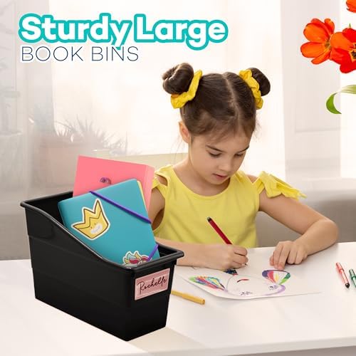 4E's Novelty 6 Durable Book and Binder Holder, Files Book Bins for Classroom, Plastic Vertical Storage Book Organizer Folder Office Classroom Organization Containers Supplies (With Labels)