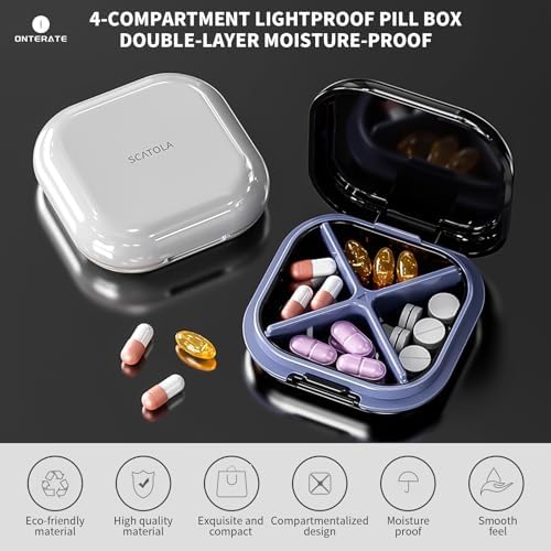 ONTERATE Small Pill Case, Travel Pill Box with 4 Compartments, Purple