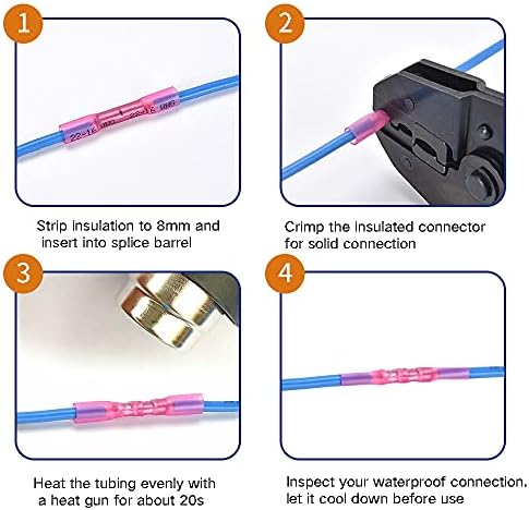 Heat Shrink Butt Connectors, 16-14 AWG 100Pcs Blue Waterproof Electrical Crimp Wire Splice for Marine, Cable, Wiring
