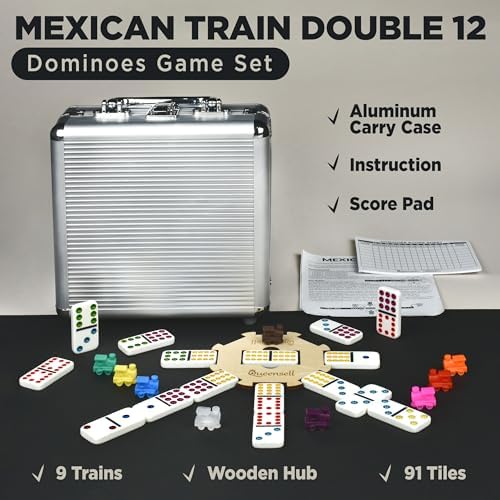 Queensell Mexican Train Dominoes Set with Wooden Hub, Domino Tile Board Games - Double 12 Dominos Set for Family Game Night for Adults and Kids Ages 8 and up (Double 12)
