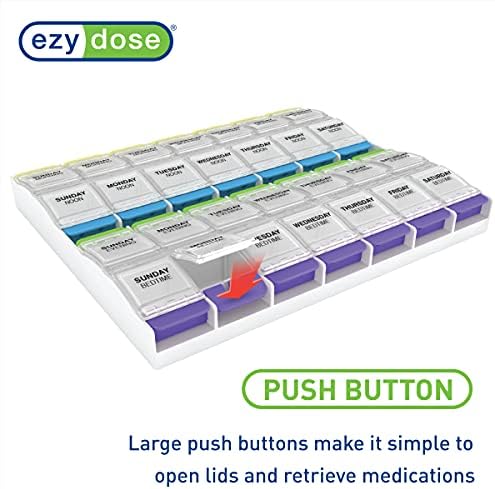 Ezy Dose Push Button Weekly 7-Day, 4X/Day Pill Organizer, Multi-Color, 2XL