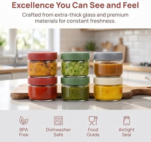 EONJOE 2 oz Glass Dressing Containers With Lids, Sauce Jars for Lunch, 6pk
