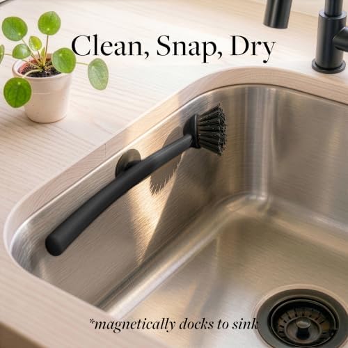 Earth & Mango Magnetic Dish Brush & Scraper, Snaps to Sink, Onyx Black