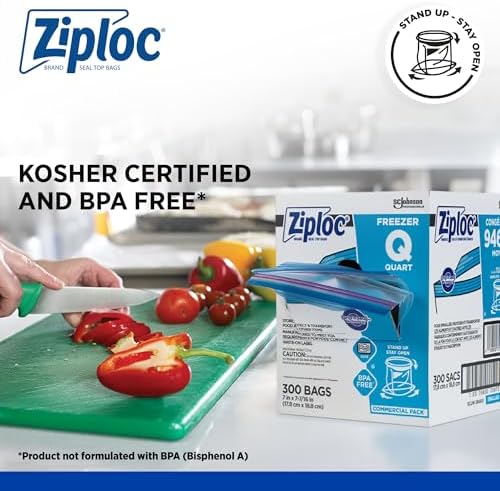SC Johnson Professional Ziploc Quart Food Storage Freezer Bags, Grip 'n Seal Technology for Easier Grip, Open, and Close, 300 Count