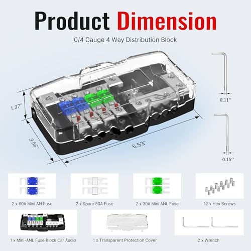 Joinfworld Fused Power Distribution Block Car Audio 4 Way MIDI(Mini-ANL) Fuse Block 12V 0/4 Gauge with Ground for Auto UTV Boat Stereo Amp