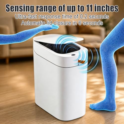 MOPUP Bathroom Trash Can, Automatic Bagging Garbage Can, 3.5 Gallon Slim Smart Small Plastic Trash Bin, Narrow Motion Sensor Trash Can for Bedroom, Office White